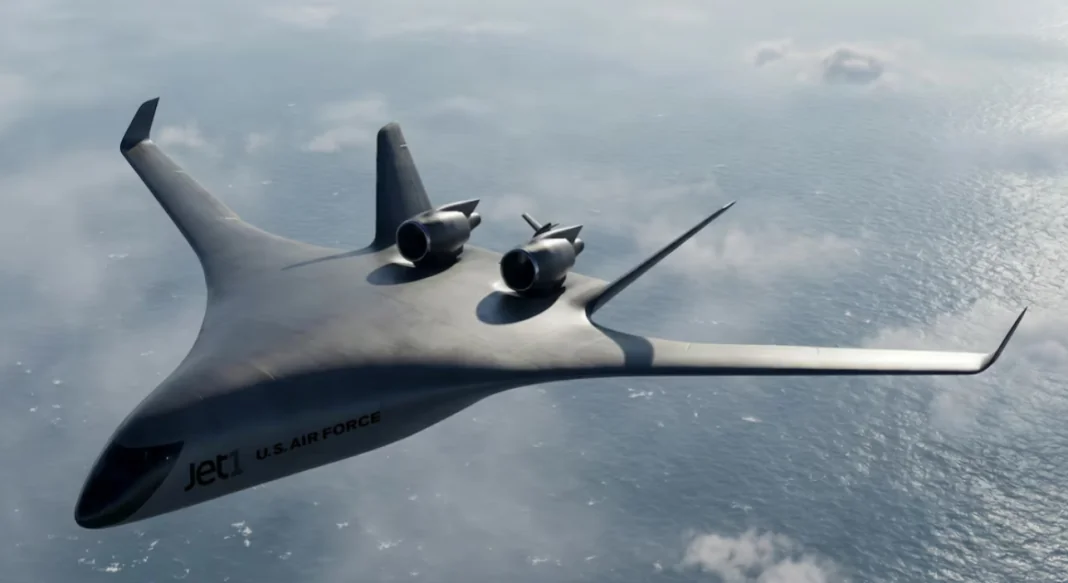 Пасажирський літак JetZero нового покоління з конструкцією blended-wing. Пасажирський літак JetZero нового покоління з конструкцією blended-wing.