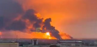 Drones attacked the Stavropol Krai in the Russian Federation A fire in an industrial area of the Stavropol Krai following a drone attack, with black smoke rising above the area.