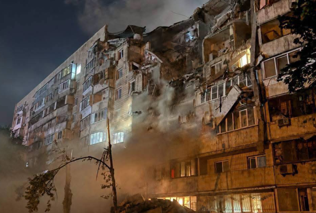 A high-rise block of flats in Kyiv, destroyed following a Russian missile attack on the night of 6 July 2026