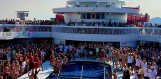 The cruise ship The Scarlet Lady at sea
