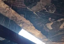 The damaged ceiling of the Kherson Regional Museum of Local History following an attack by Russian FPV drones.