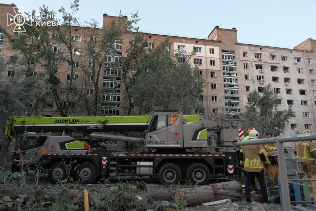 A damaged high-rise block in the Desnianskyi district of Kyiv following a massive Russian attack.