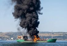 Drone attack on civilian vessels in Taganrog Bay Image of a drone attack on a ship