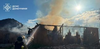 Smoke and fire at the site of the shelling in Kramatorsk