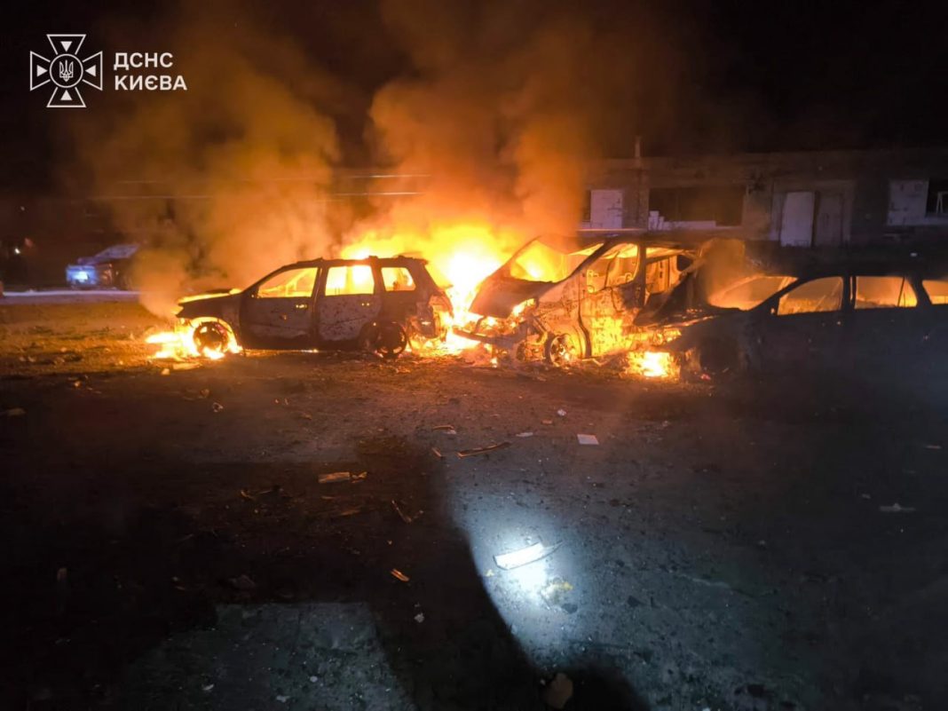 Cars are on fire in Kyiv Cars are on fire in Kyiv following an overnight attack by Russia