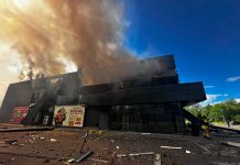 The aftermath of a Russian drone strike on the ATB supermarket in Chernihiv
