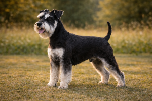 A black and silver Miniature Schnauzer is standing on the grass