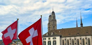 The flags of Switzerland and Ukraine