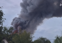 Smoke over the Boryspil district following a strike on a warehouse