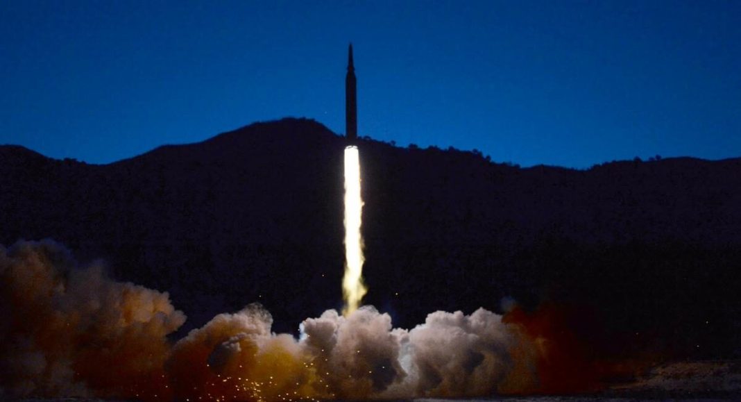 A ballistic missile launch in the night sky