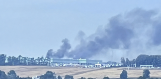 Thick smoke above a large logistics complex in the Chishminsky District of Bashkortostan