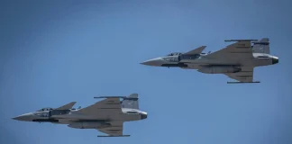 A Hungarian Gripen fighter jet in flight
