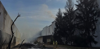 Russia has struck a large EVA depot in Brovary Firefighters are putting out a fire at the EVA distribution centre in Brovary