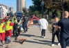 A damaged public transport stop following a road traffic accident on Chokolivskyi Boulevard in Kyiv