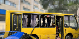 A public bus in Kherson following a Russian drone attack