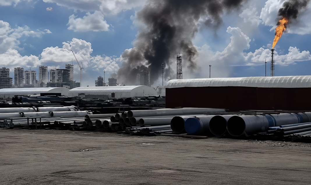 Smoke over the Amur Gas Chemical Complex site A column of black smoke rising above the Amur Gas Chemical Complex site