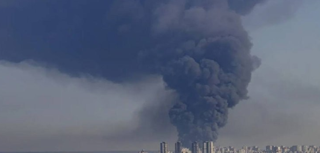 Car park fire A massive fire and smoke over Stoyanka following a drone attack