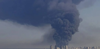A massive fire and smoke over Stoyanka following a drone attack