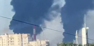 Thick black smoke over the industrial area of Yaroslavl following a drone attack