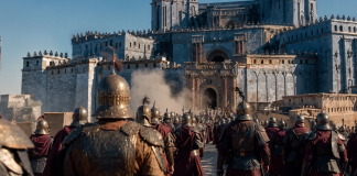 A still from the historical series *Castle Walls*, whose visuals were created using AI