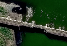 A span has collapsed on the Chongar railway bridge Satellite image of the Chongar railway bridge showing the collapsed section