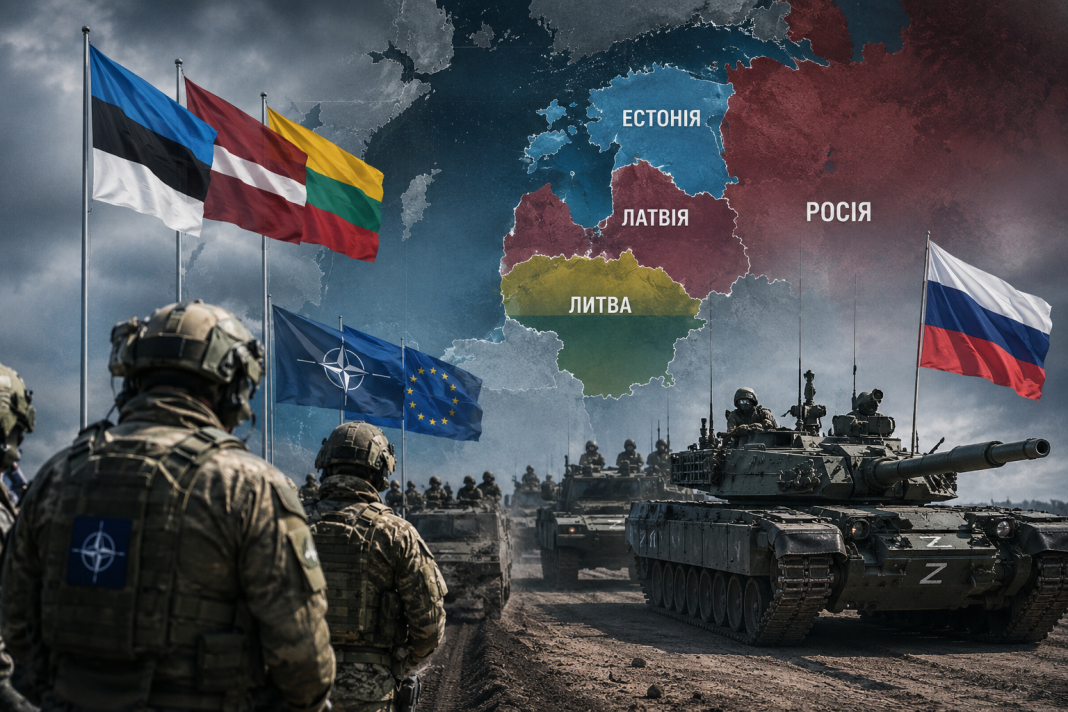 Війська НАТО та Росії на тлі карти країн Балтії
