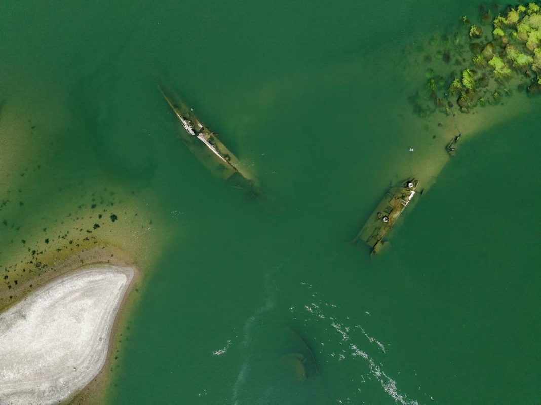 The hulls of sunken ships near Prahovo in Serbia, exposed by the shallowing of the Danube