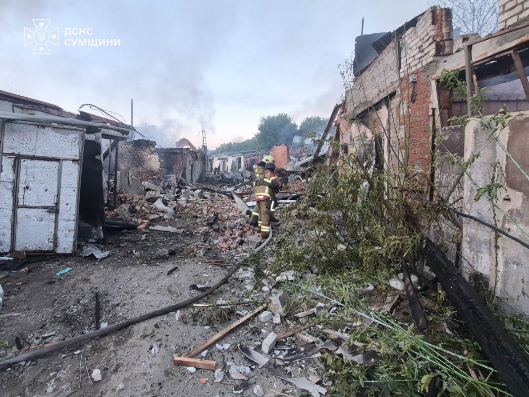 Rescue workers from the State Emergency Service are dealing with the aftermath of the Russian attack on Sumy