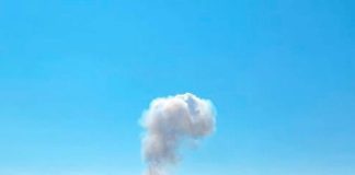 Thick smoke over the area around the EMCO munitions factory near the village of Belitsa in Bulgaria