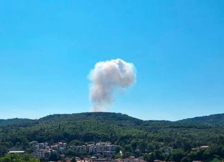 Thick smoke over the area around the EMCO munitions factory near the village of Belitsa in Bulgaria