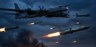 Russian strategic bombers and missiles during a massive attack