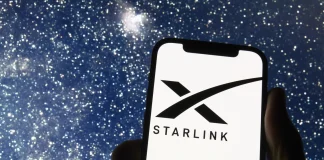 Starlink Mobile on a smartphone, set against the backdrop of the satellite network