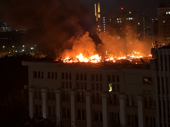 Fire on the roof of a building in Kyiv following a drone attack
