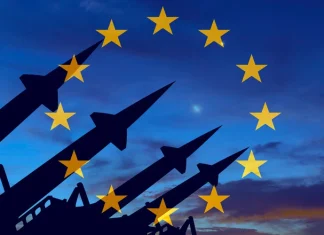 The EU is earmarking at least €10 billion for defence projects with Ukraine Rockets against the backdrop of the European Union flag