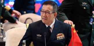 Chinese Defence Minister Dong Jun speaks at the Xiangshan Forum in Beijing.