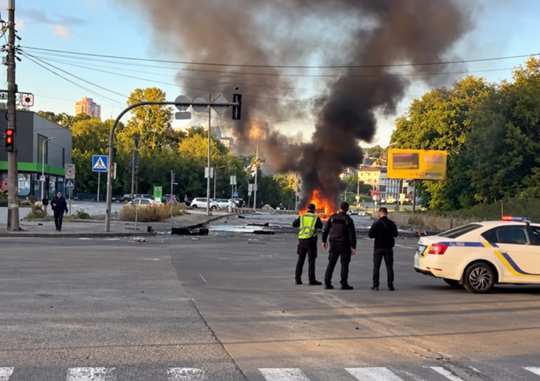 7e760076-310c-47b4-86ba-2b57a1fda15f Car fire in the Solomyanskyi district of Kyiv following a drone attack