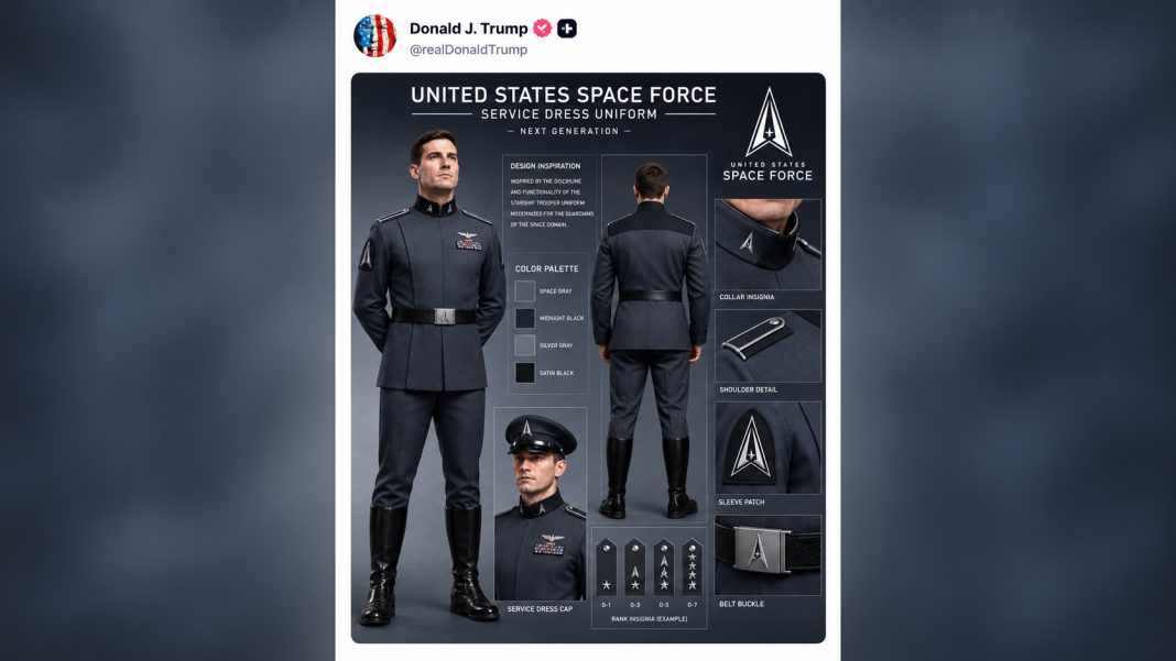 8f93238b-d53e-4783-a55a-51389a5d8adc A concept for the uniform of the US Space Force, published by Donald Trump