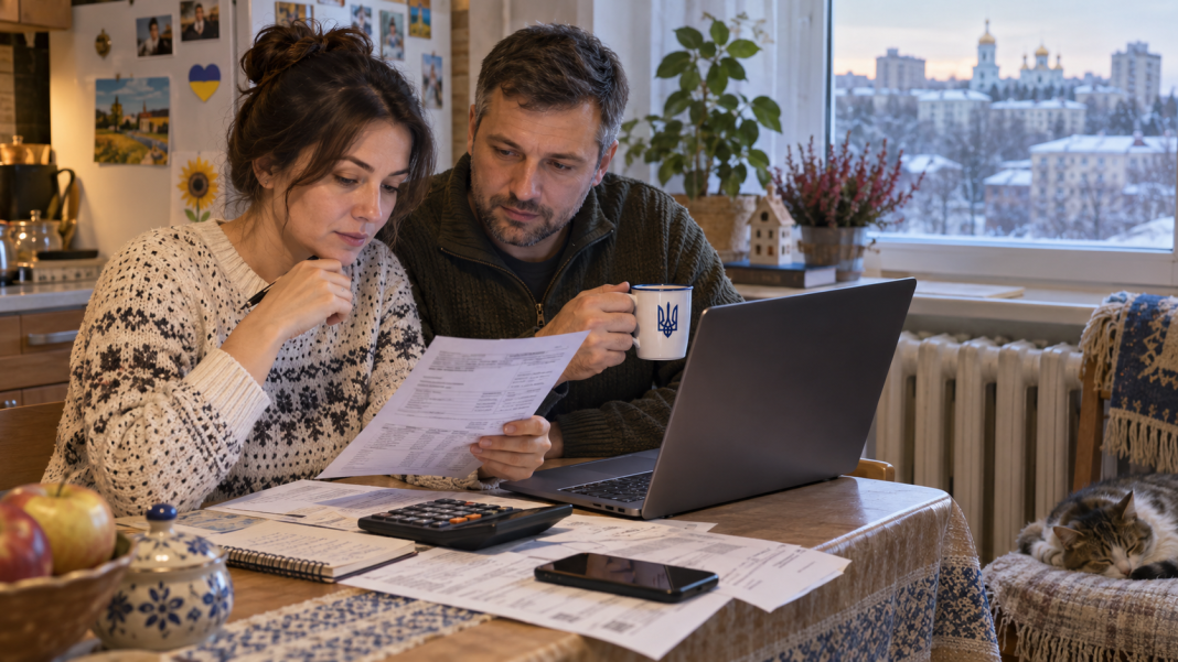 The family is checking their utility bills and applying for a subsidy for the heating season