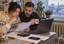 The family is checking their utility bills and applying for a subsidy for the heating season