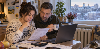 The family is checking their utility bills and applying for a subsidy for the heating season