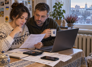 The family is checking their utility bills and applying for a subsidy for the heating season