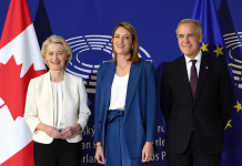 Ursula von der Leyen during a meeting between EU and Canadian representatives