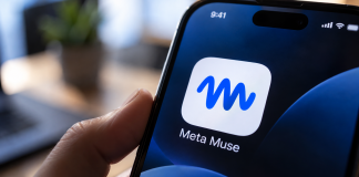 The Meta logo on a smartphone screen next to the words ‘AI’