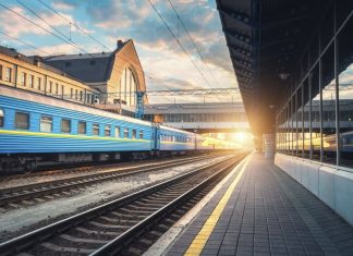 A Ukrzaliznytsia passenger train at the railway station