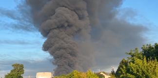 A huge plume of smoke following the strike on the ZAMMLER warehouse near Brovary