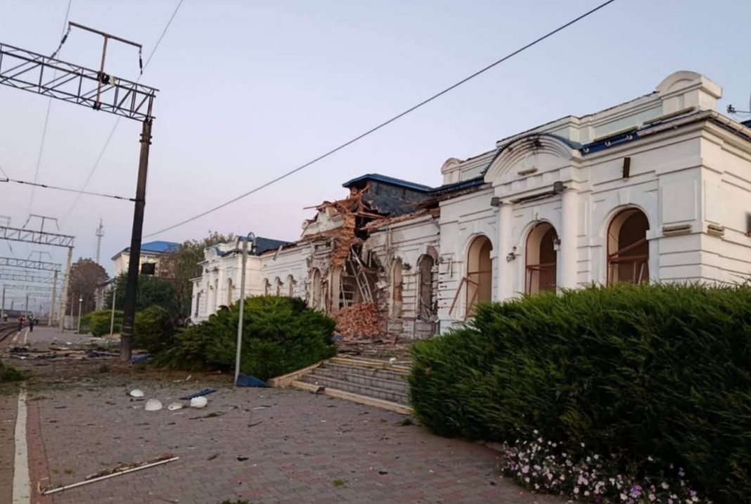 The railway station in Berestyn The damaged railway station in Berestyn following an attack by a Russian UAV