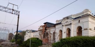 The damaged railway station in Berestyn following an attack by a Russian UAV