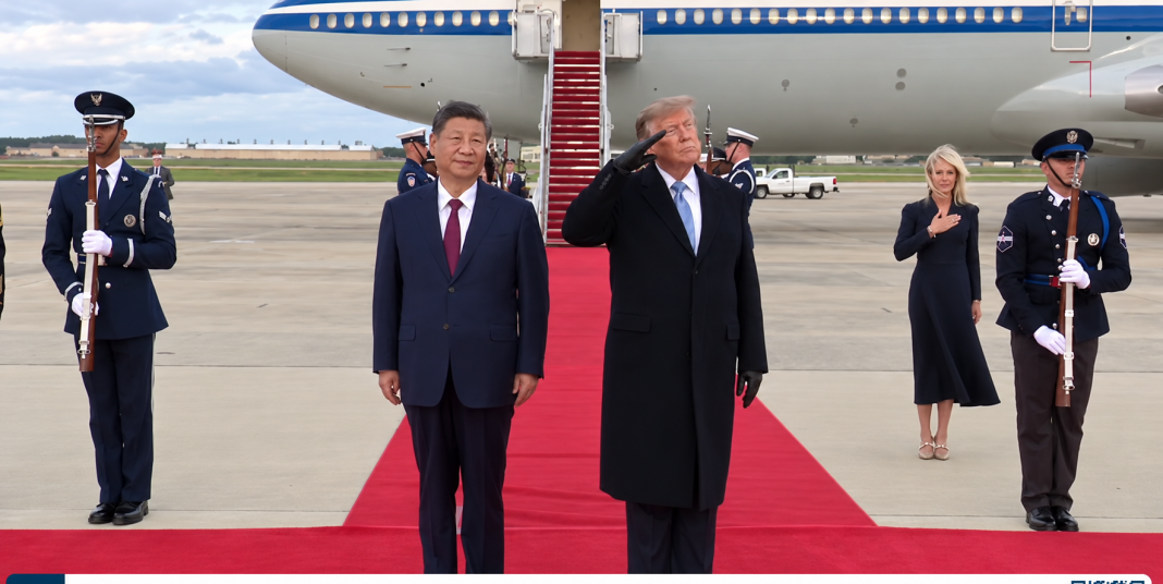 Donald Trump and Xi Jinping at the airport Donald Trump and Xi Jinping on the red carpet by the aeroplane, flanked by an honour guard.