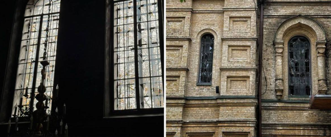 Damaged windows at the Church of the Holy Protection in Kyiv following a Russian attack