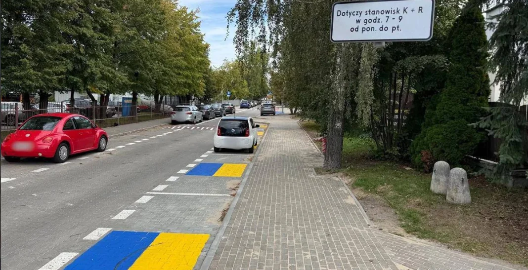 Синьо-жовта розмітка Синьо-жовта розмітка зони короткої зупинки біля школи в Рашині